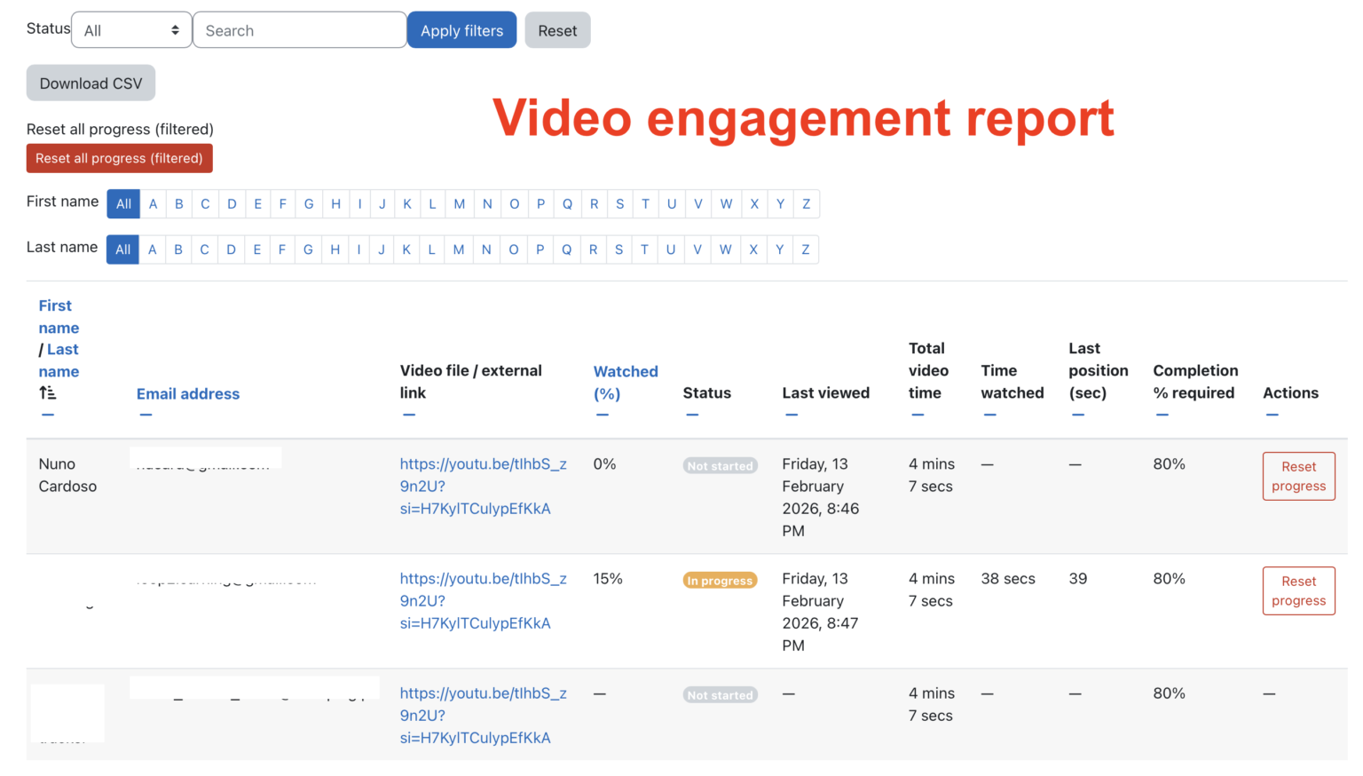 Video Tracker is a Moodle activity plugin that tracks real video watching progress